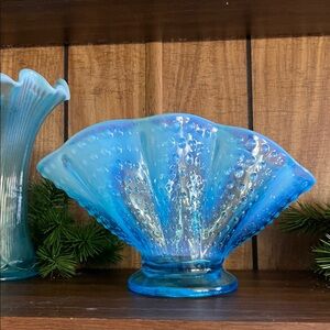 Vintage Fenton Blue Opalescent Hobnail Fan Vase